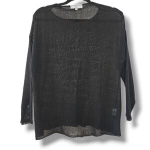 TRICOTS JEAN MARC Sweater M Crochet Open Knit Sheer Mesh Pullover Black